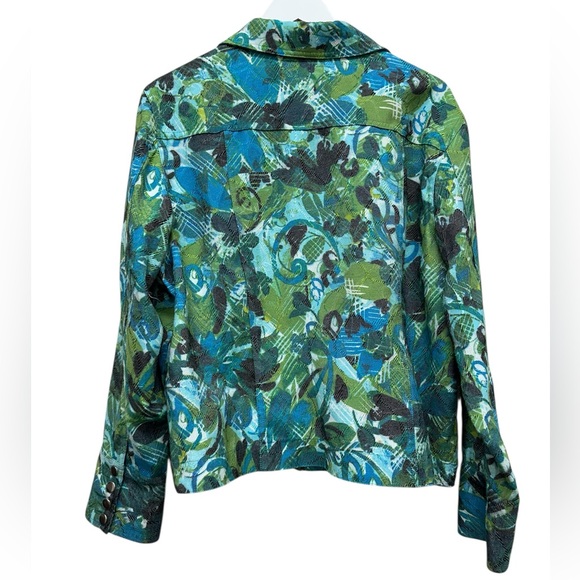 Women's Chico's Snap Front Jean Jacket Tropical Print Size 3 XL Blues & Greens - Picture 4 of 8